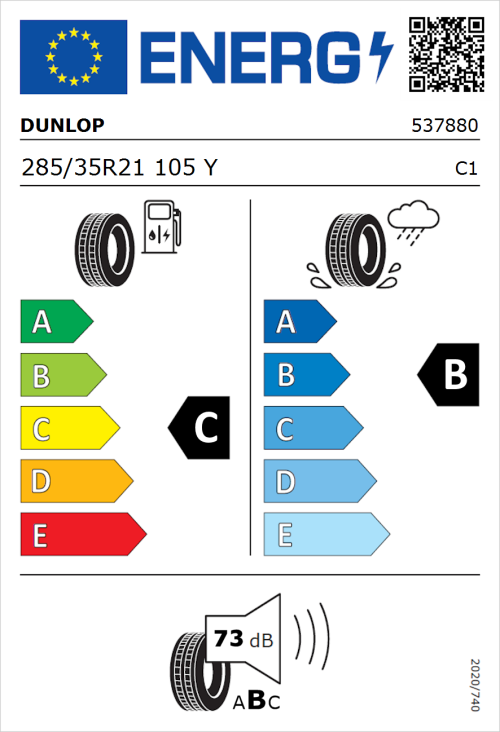 Tyre Label for Dunlop SP Sport Maxx RT 2 285/35R21 105Y