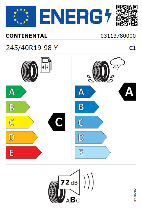 Tyre Label for Continental SportContact 7 245/40R19 98Y
