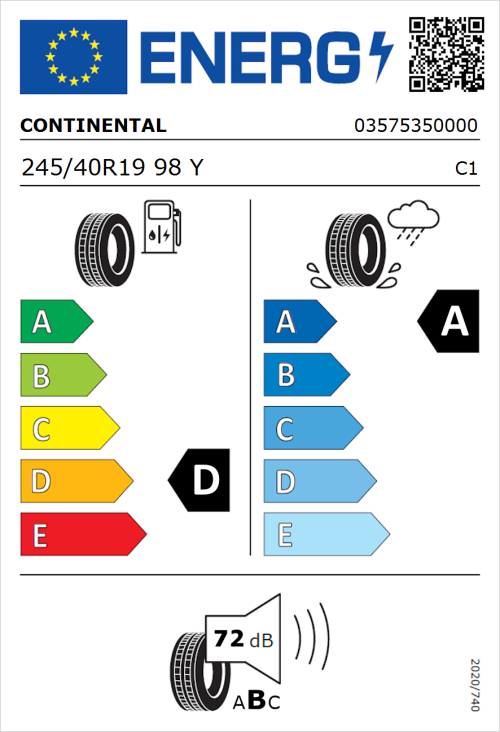 Tyre Label for Continental SportContact 6 245/40R19 98Y